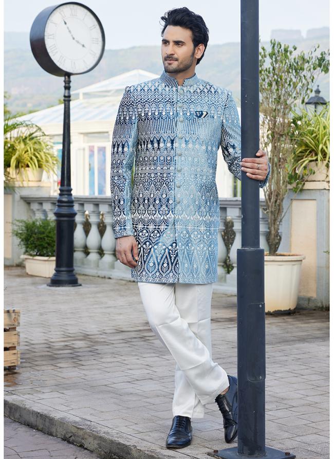 Velvet Teal Blue Wedding Wear Thread Work Readymade Jodhpuri Suit